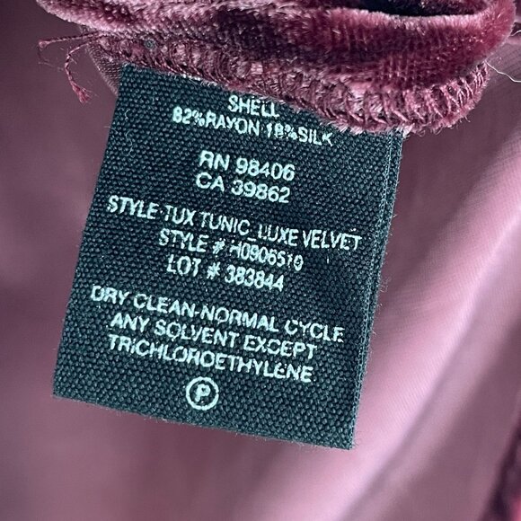 Theory Womens Medium Burgundy Tux Tunic Luxe Velvet Long Sleeve Top Shirt - Picture 4 of 12